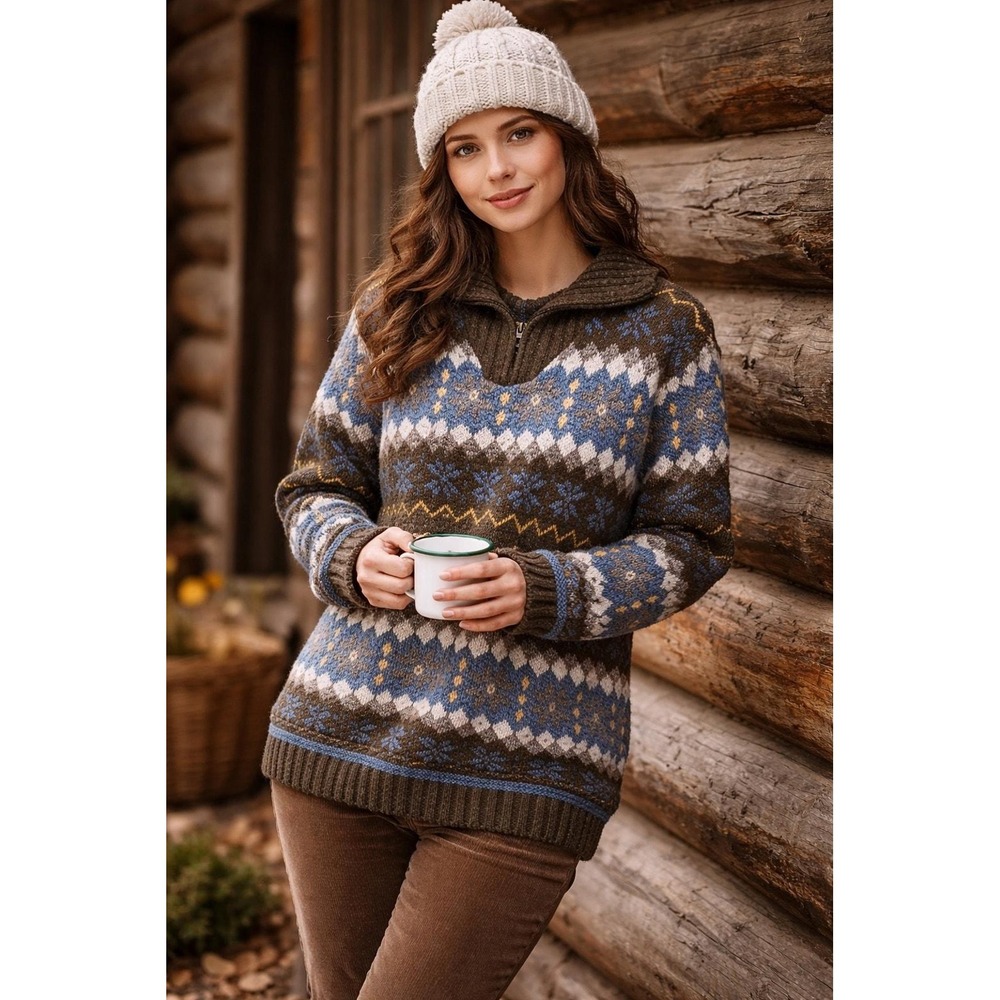 Liz Claiborne Womens Fair Isle Quarter Zip Sweater Brown Blue M Cabin ski winter